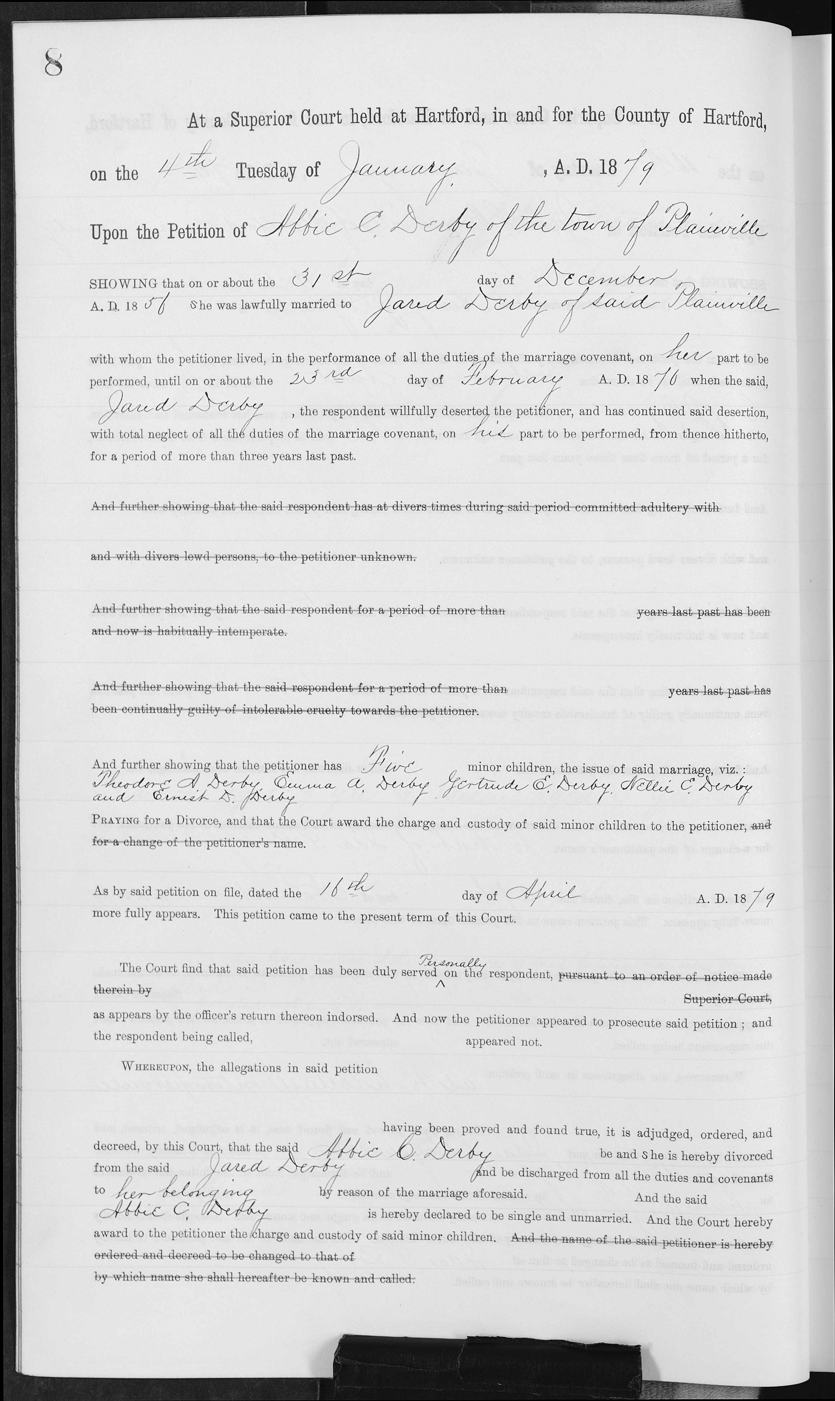 1879 Hartford Superior Court divorce decree for Jared and Abbie Derby
